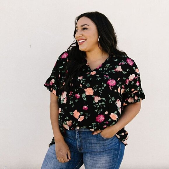 ninexis Tops - ninexis Black Blouse w/ Orange & Pink Flowers